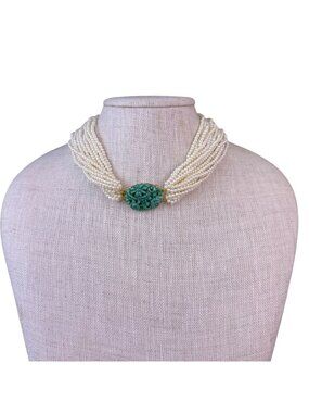 Multi-Strand Seed Pearl Necklace Green Carved Stone Centerpiece Gold Tone
